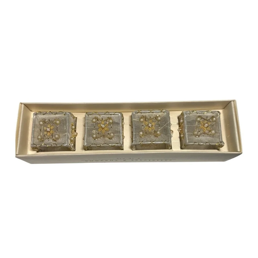Pier 1 Imports Napkin Rings‎ Set of 4 Beaded Faux Pearl Gold Mesh Square Ornate
